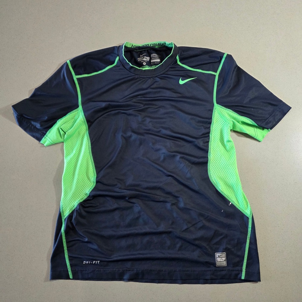 Nike Pro Combat Dri-FIT Fitted Shirt Mens Medium Navy Blue Neon Green Training